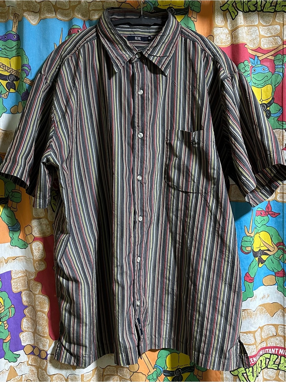 Y2K Striped Short-Sleeve Button-Up Shirt - Black/Multi
